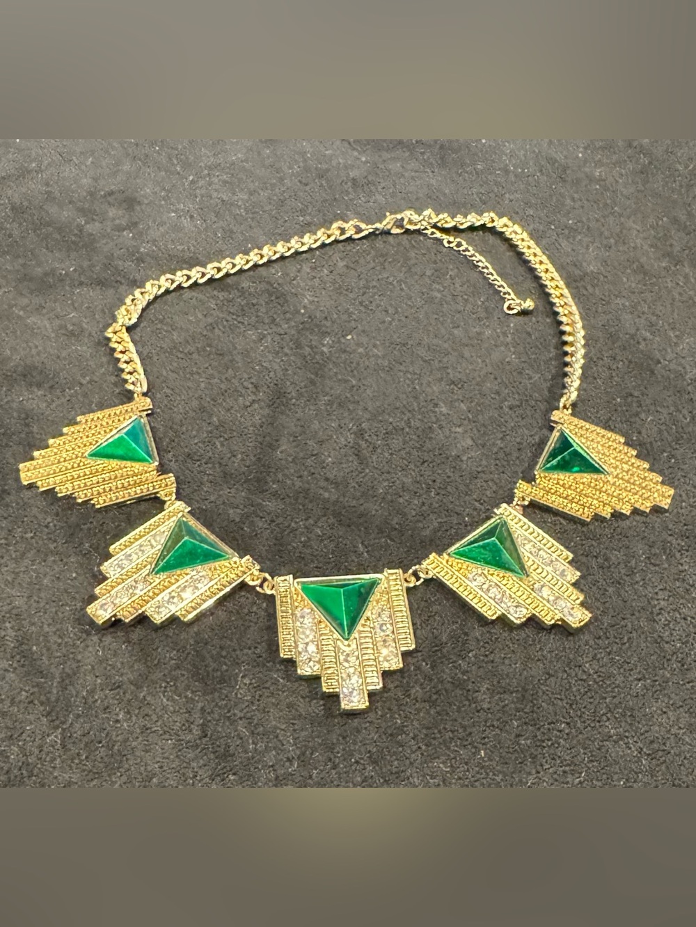 Gold Tone Green Crystal Geometric Art Deco Statement Necklace 18–21”